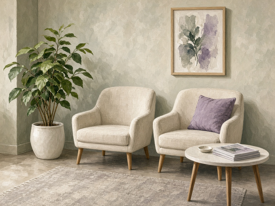 Soft illustration of a quiet waiting nook with a plant