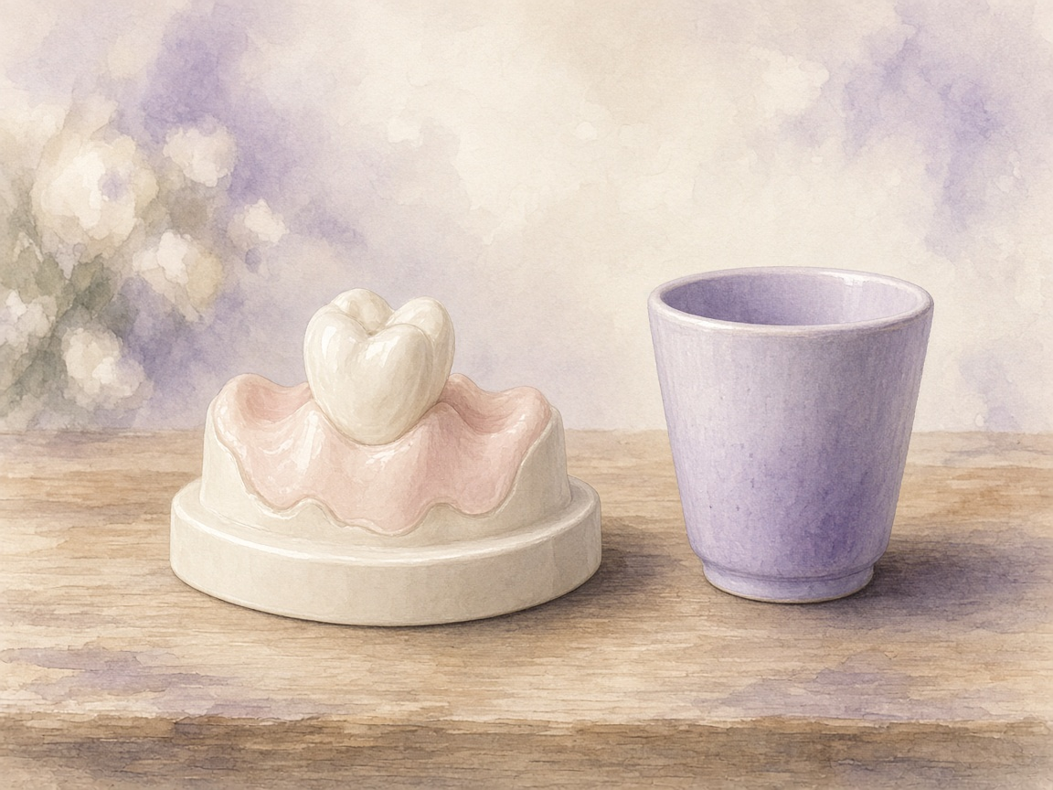 Soft illustration of a crown model beside a rinse cup